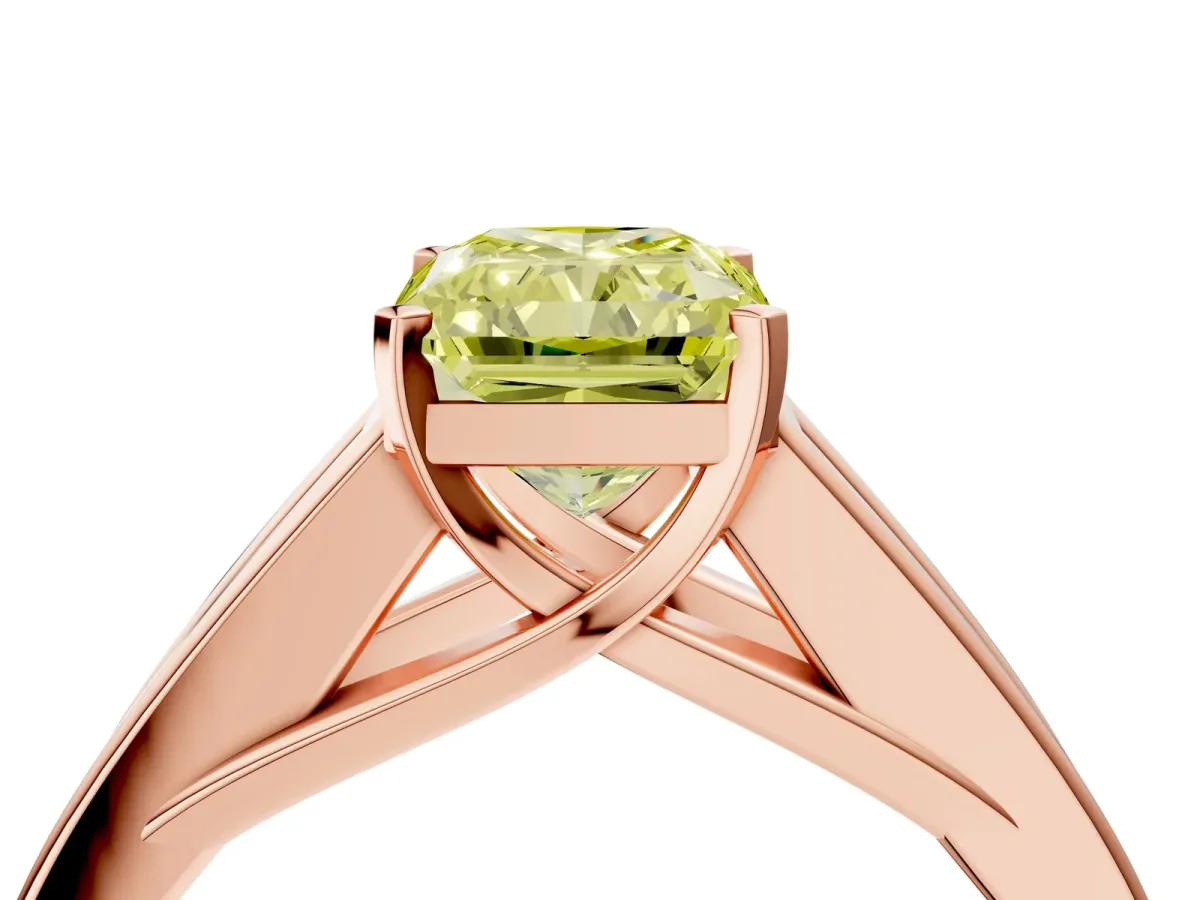 Fancy Yellow Radiant Cut Cut Channel Set Solitaire Ring with Four-Prong Setting Rose gold
