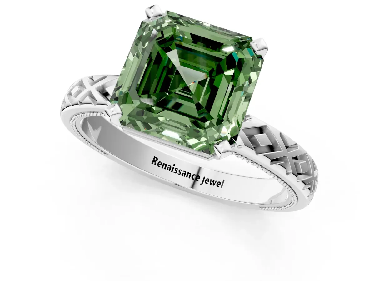 Fancy Green Asscher Cut Solitaire Diamond Ring with Milgrain and Black Enamel X Pattern Band Platinum