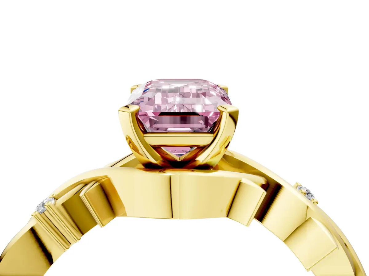 Fancy Pink Emerald Cut Diamond Solitaire Ring with Twisted Band and Prong Setting Yellow gold