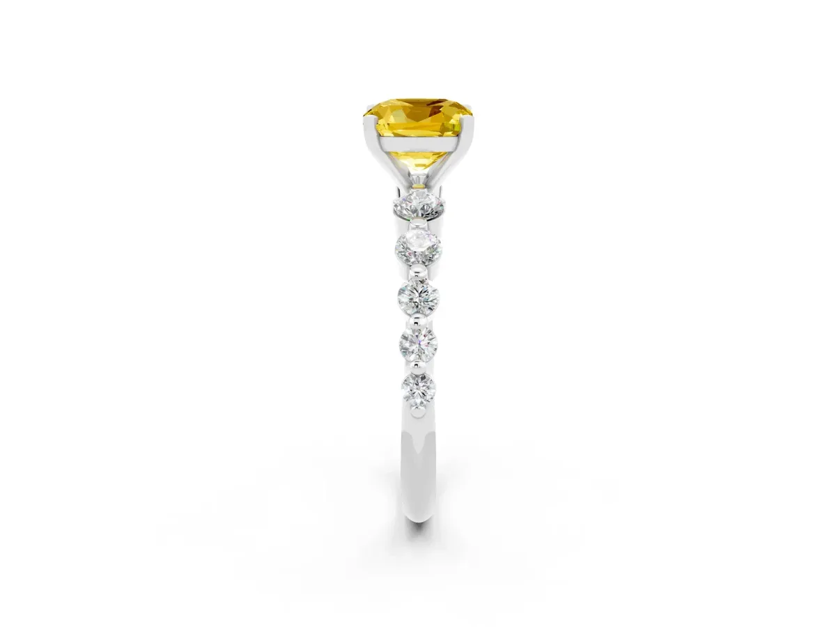 Cushion Cut Solitaire Yellow Sapphire Ring with Pave Band and Four-Prong Setting Silver