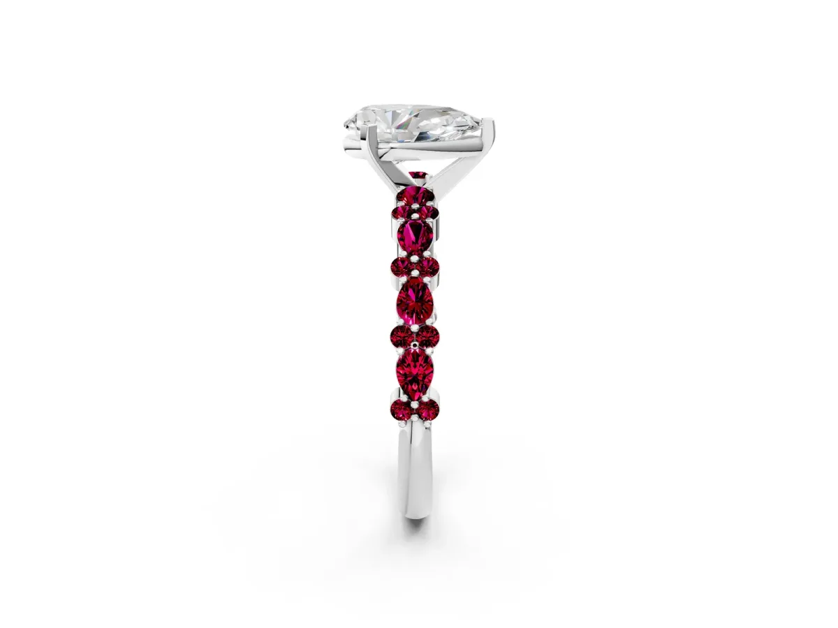 Pear Cut Diamond Side Stone Solitaire Ring with Round Garnet and Four-Prong Setting White gold