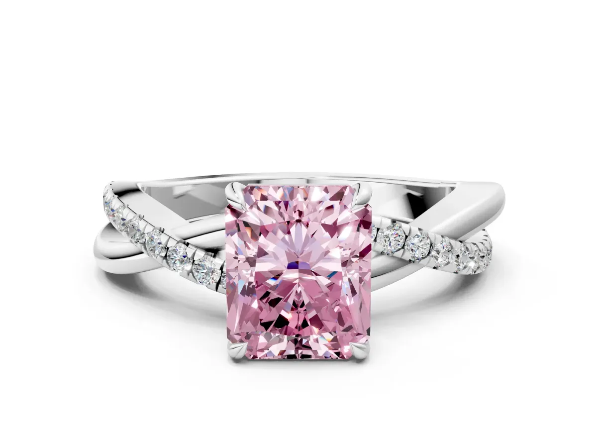 Fancy Pink Radiant Cut Cut Diamond Twisted Band with Pavé Setting and Four-Prong Setting Platinum