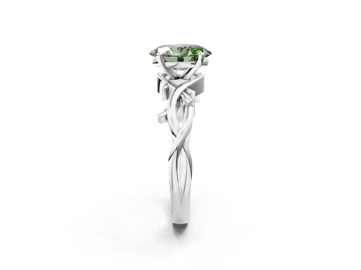 Fancy Green Oval Cut Diamond Solitaire Ring with Twisted Band and Prong Setting Silver