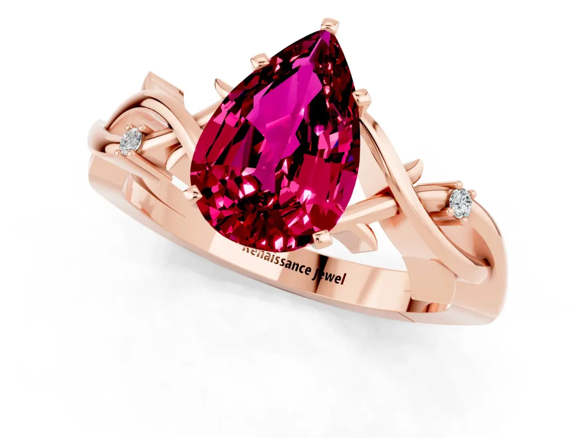 Pear Cut Garnet Solitaire Ring with Twisted Band and Prong Setting Rose gold