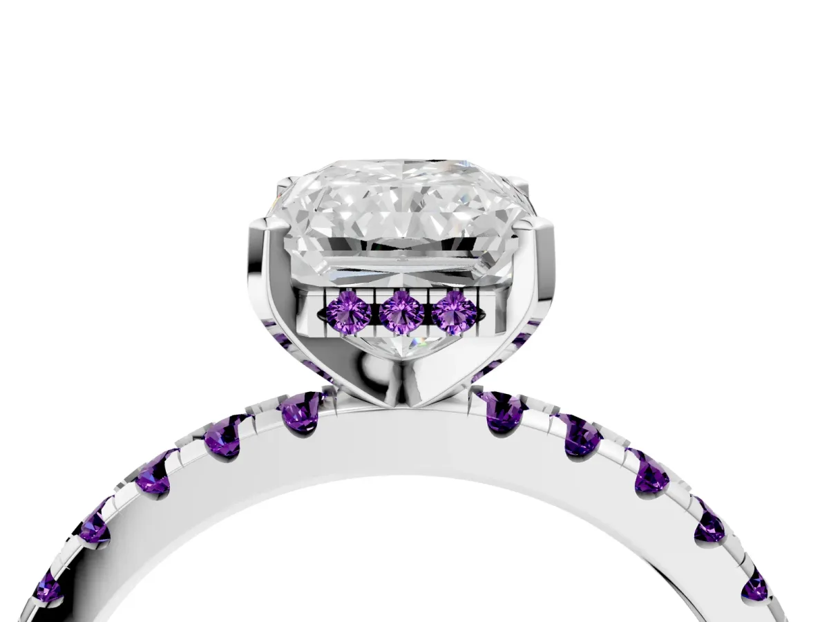 Radiant Cut Diamond Solitaire Ring with Round Amethyst Pavé Band and Four-Prong Setting Silver