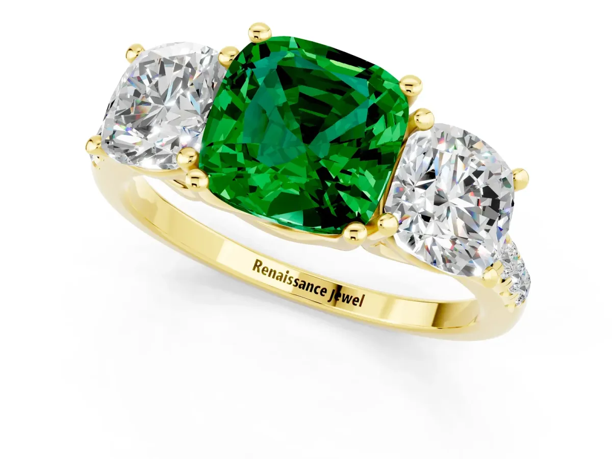 Three-Stone Cushion Cut Emerald Ring with Round Pavé Band and Prong Setting Yellow gold