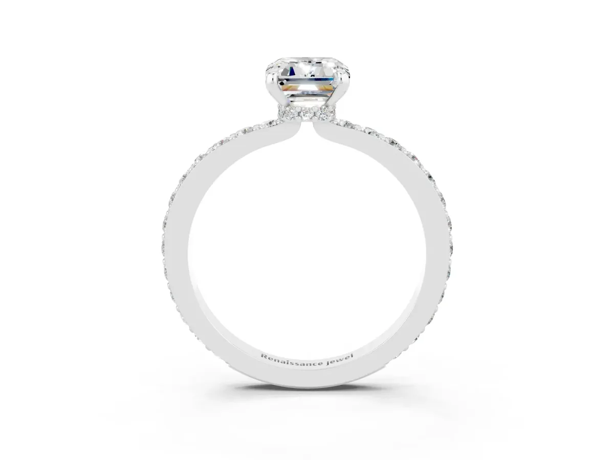 Emerald Cut Moissanite Solitaire Engagement Ring with Pavé Band and Four-Prong Setting Silver