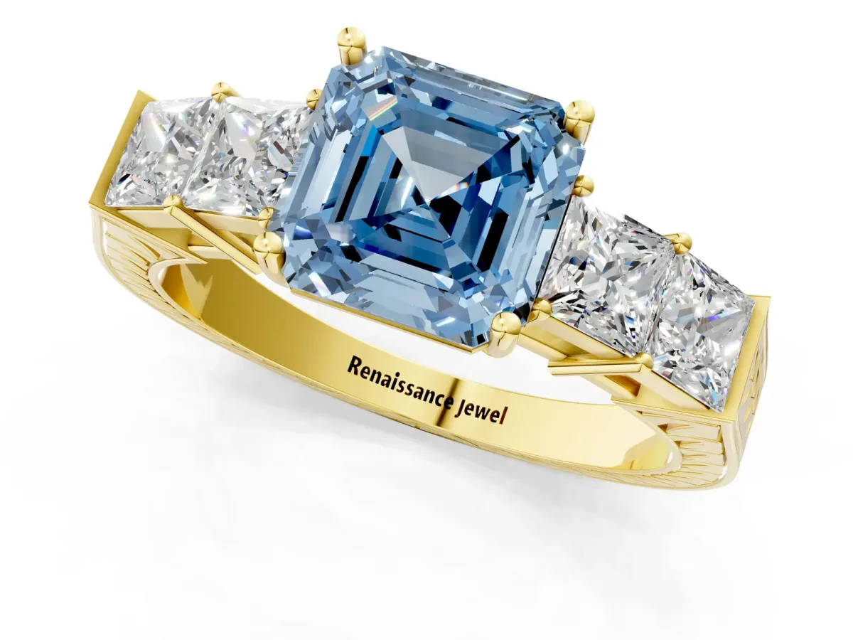 Fancy Blue Asscher Cut Solitaire Princess Side Stone Engraved Band Prong Setting Ring Yellow gold