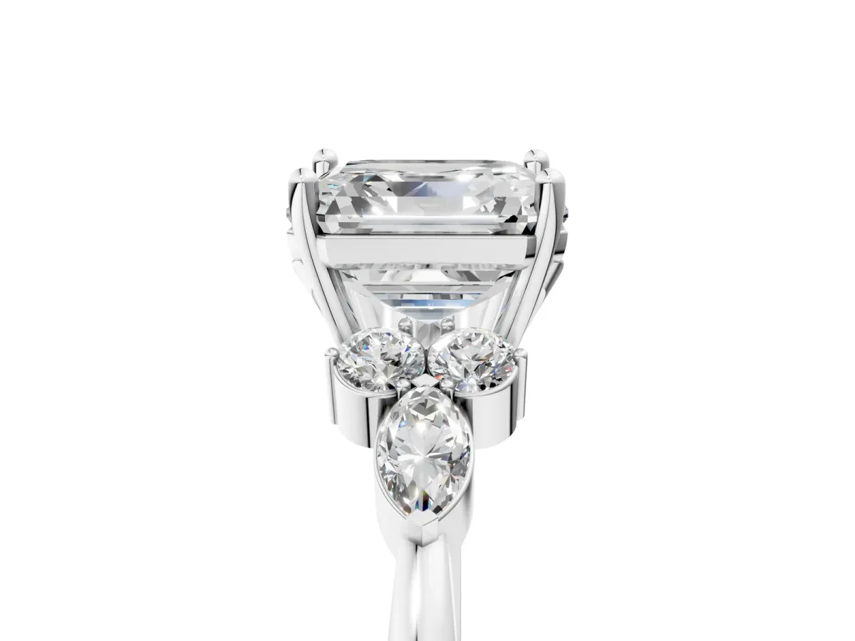 Asscher Cut Brilliant Diamond Solitaire Ring with Pear Side Stones and Four-Prong Setting Platinum