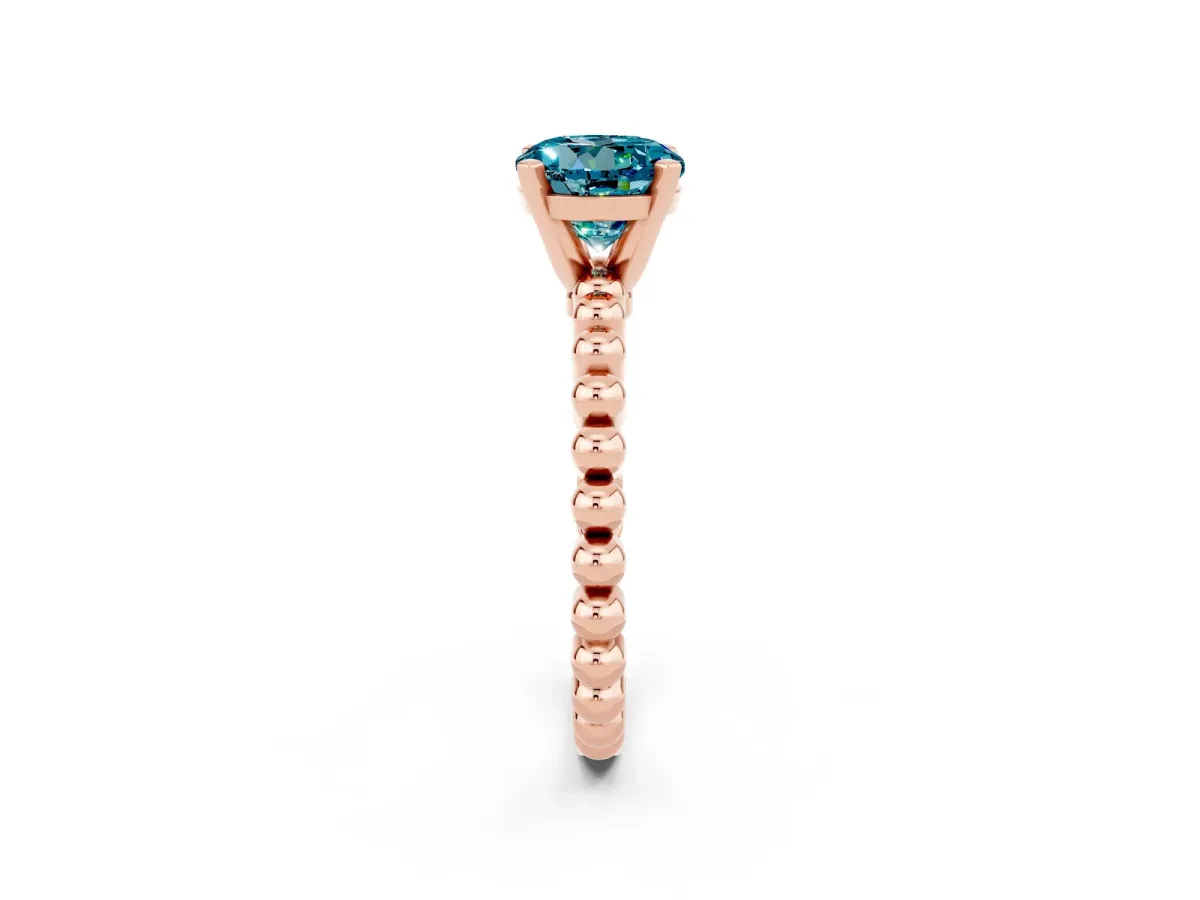 Round Cut Blue Topaz Solitaire Ring with Beaded Band and Prong Setting Rose gold