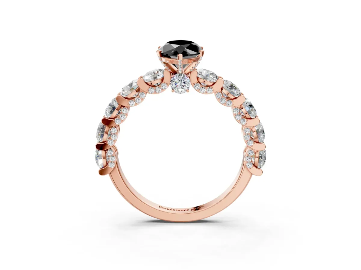 Fancy Black Marquise Cut Diamond Side Stone Engagement Ring with Four-Prong Setting Rose gold