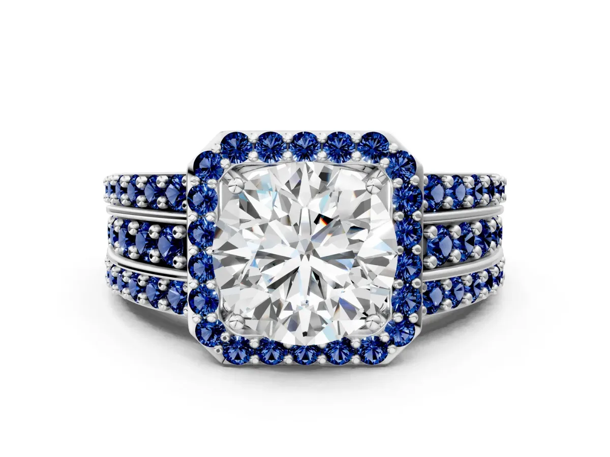 Round Cut Halo Diamond Ring with Round Blue Sapphire Split Shank and Prong Setting Platinum