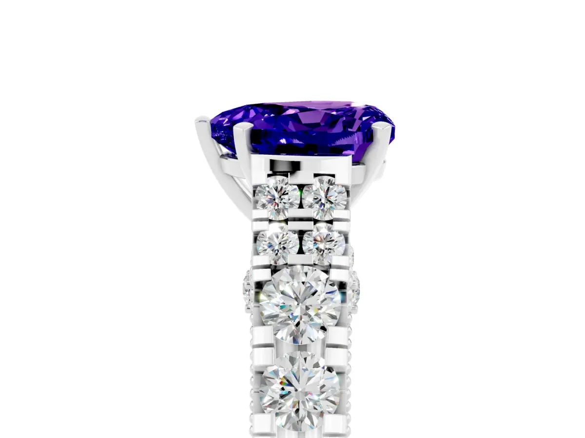 Heart Cut Tanzanite Classic Solitaire Ring with Pavé Band and Four-Prong Setting Silver