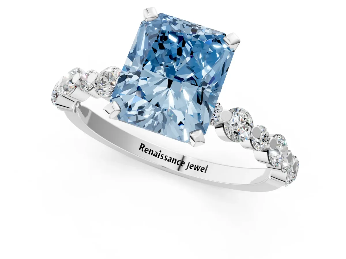 Fancy Blue Radiant Cut Diamond Prong Set Engagement Ring with Pavé Band Platinum
