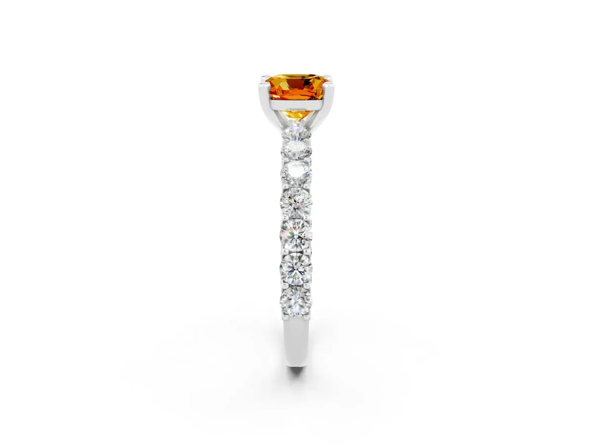 Cushion Cut Citrine Solitaire Ring with Shared Prong Pavé Band and Four-Prong Setting White gold