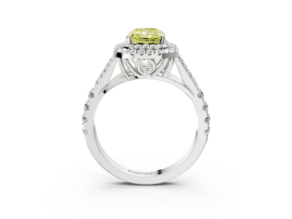 Fancy Yellow Radiant Cut Diamond Pavé Split Shank Double Halo Engagement Ring Platinum