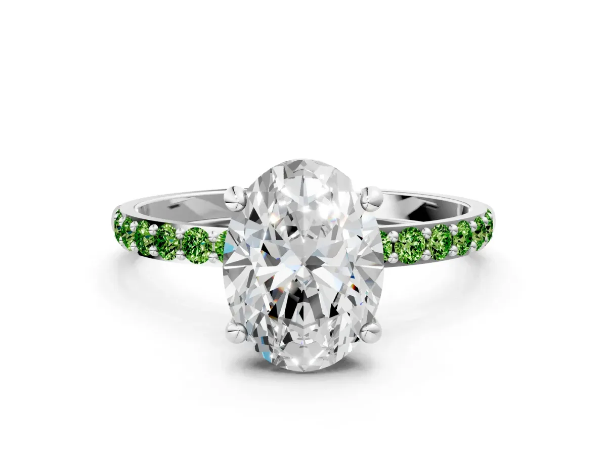 Oval Cut Diamond Solitaire Ring with Round Peridot Pavé Band and Prong Setting Silver