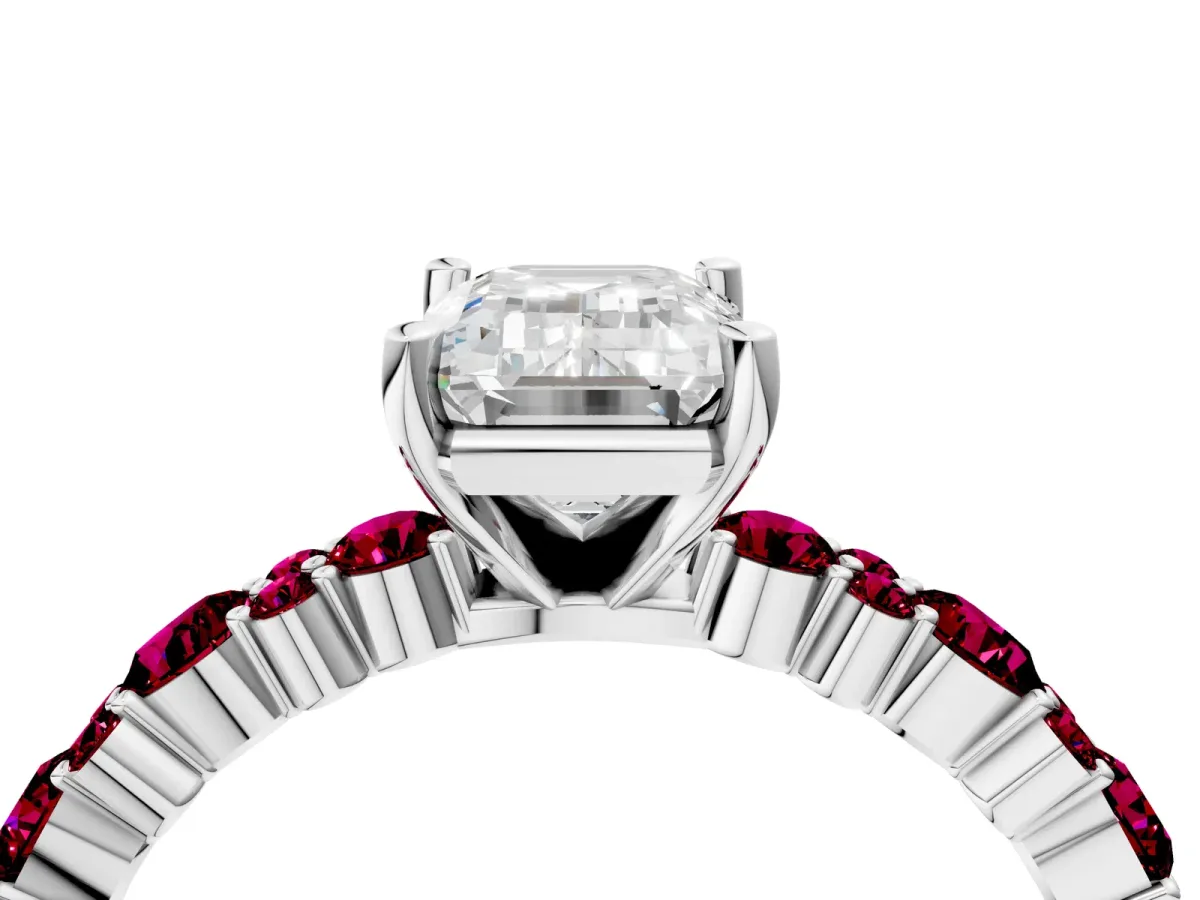 Emerald Cut Diamond Side Stone Solitaire Ring with Round Garnet and Four-Prong Setting Silver