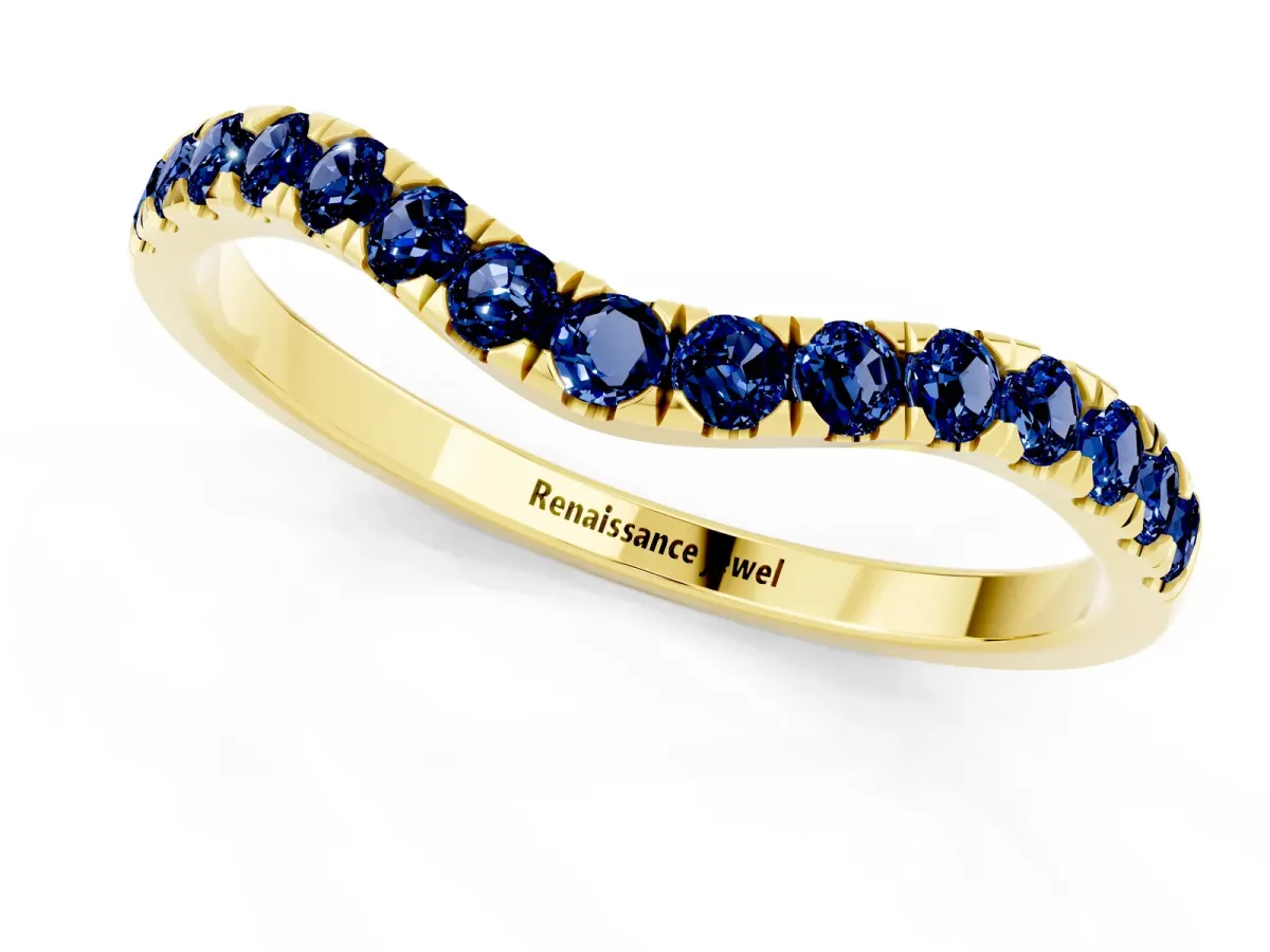 Curved Pavé Round Blue Sapphire Wedding Band with Shared Prong Setting Yellow gold
