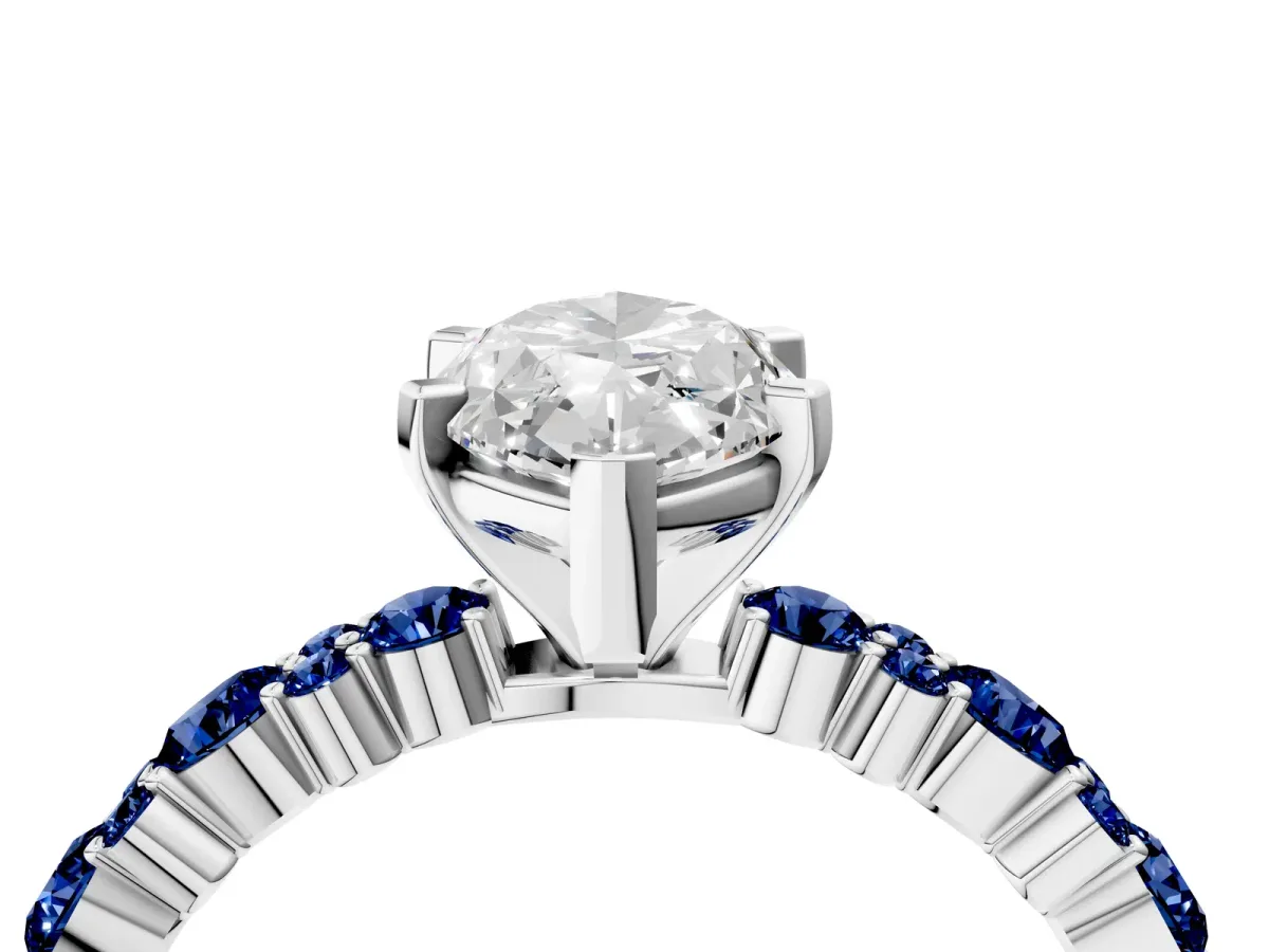 Marquise Cut Diamond Side Stone Solitaire Ring with Round Blue Sapphire and Four-Prong Setting Platinum