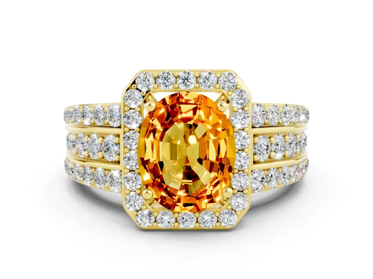 Oval Cut Halo Citrine Ring with Round Split Shank and Prong Setting Yellow gold