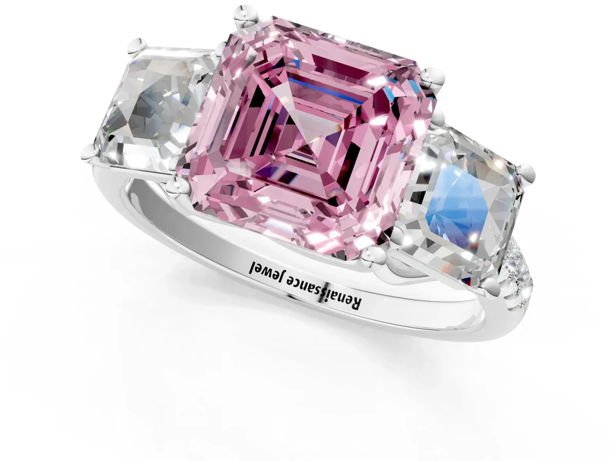Fancy Pink Three-Stone Asscher Cut Diamond Ring with Round Pavé Band and Prong Setting Silver
