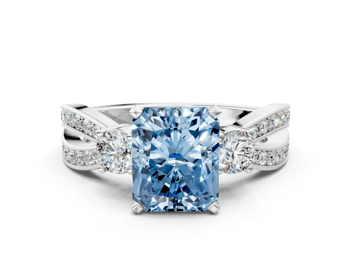 Fancy Blue Three-Stone Radiant Cut Cut Diamond Twist Band with Prong Setting Platinum