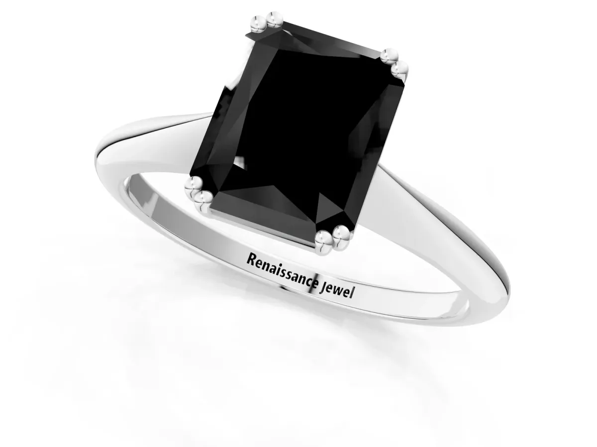 Fancy Black Radiant Cut Solitaire Diamond Ring with Six-Prong Setting and Classic Band Platinum