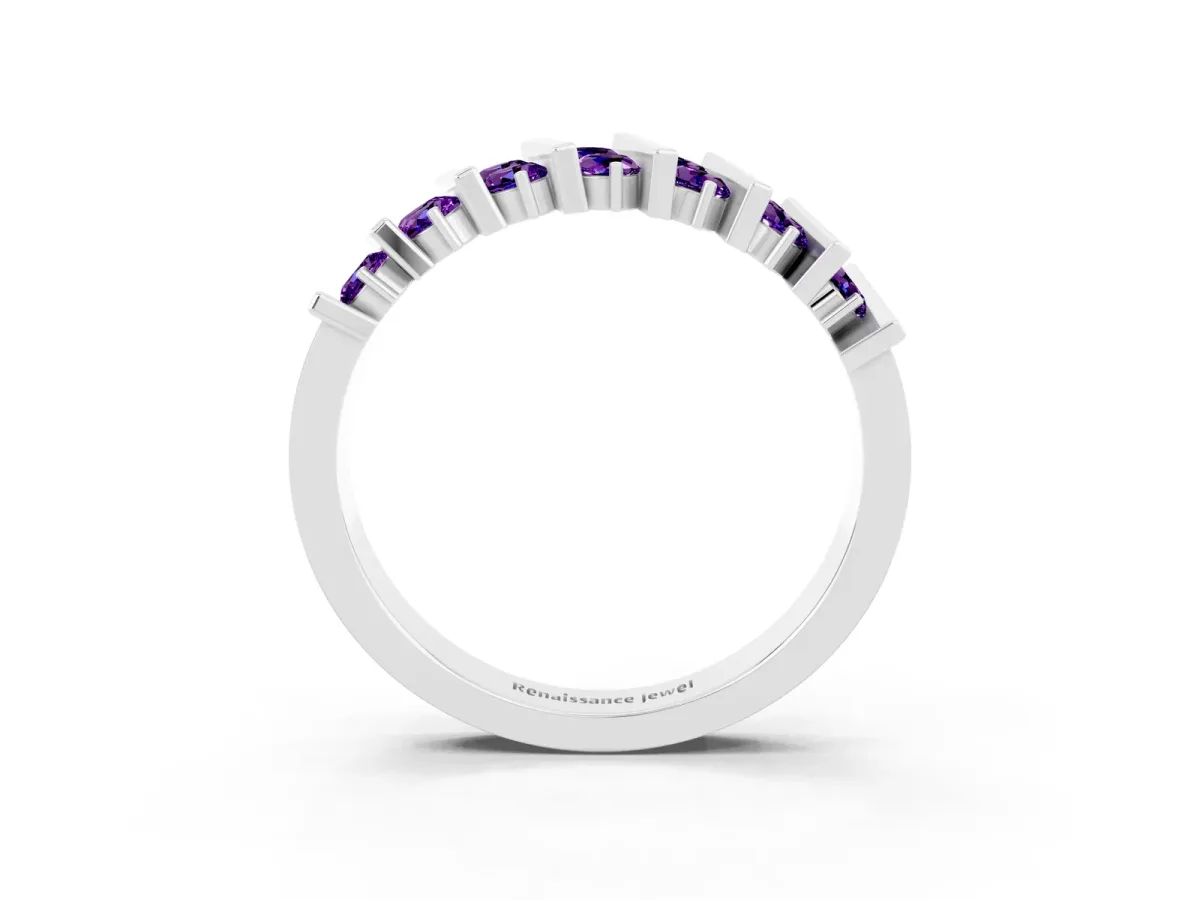 Channel Set Round Amethyst Anniversary Band with Vertical Prongs Silver