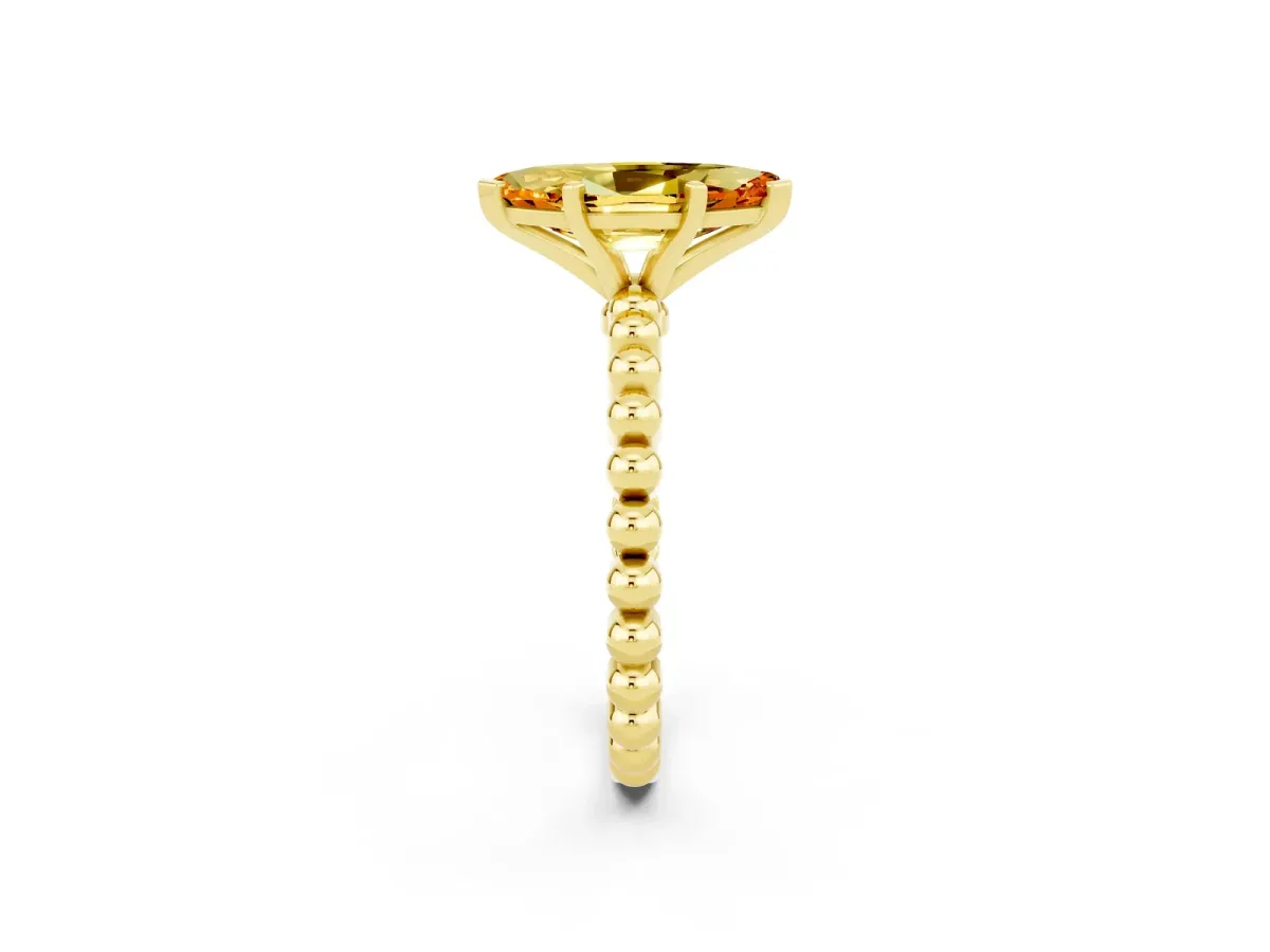 Marquise Cut Citrine Solitaire Ring with Beaded Band and Prong Setting Yellow gold