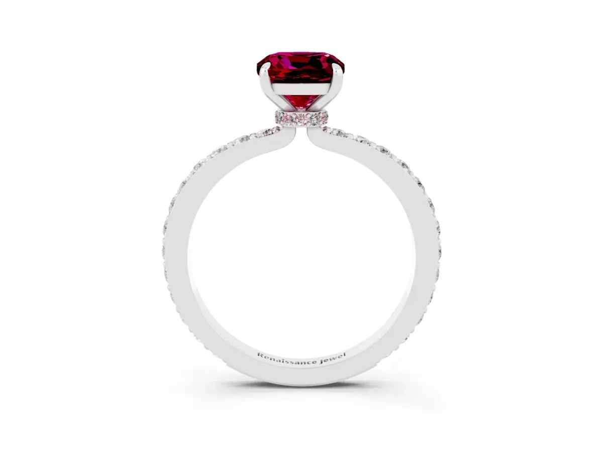 Cushion Cut Garnet Solitaire Engagement Ring with Pavé Band and Four-Prong Setting Silver