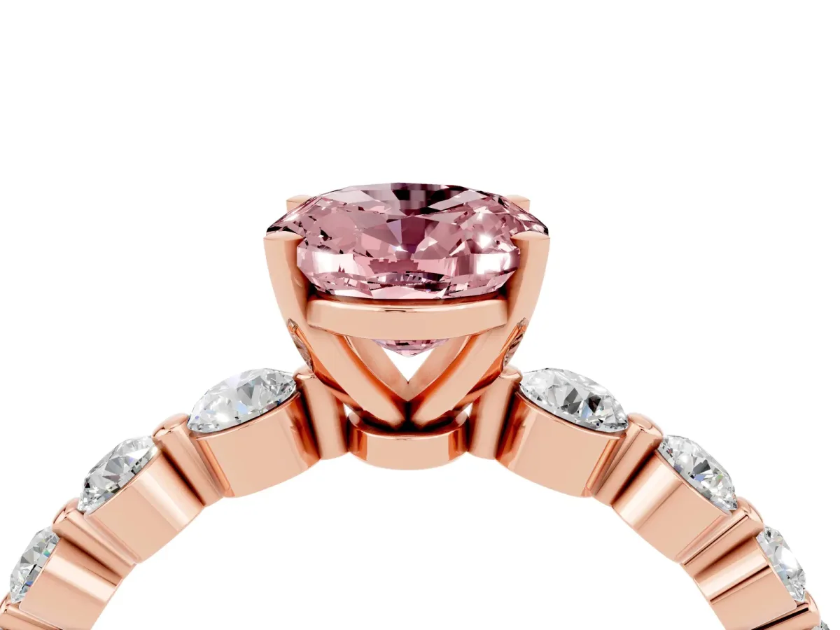 Oval Cut Solitaire Morganite Ring with Pave Band and Four-Prong Setting Rose gold
