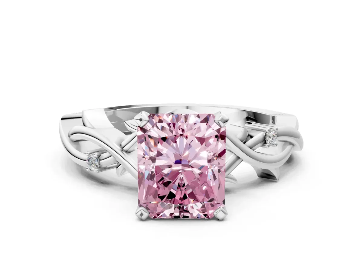 Fancy Pink Radiant Cut Diamond Solitaire Ring with Twisted Band and Prong Setting Silver