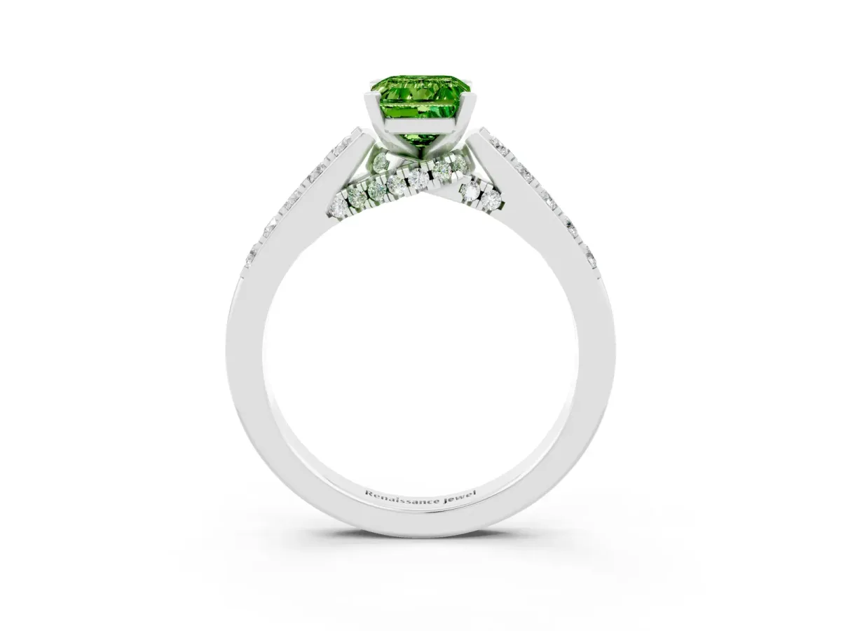 Emerald Cut Peridot Solitaire Ring with Crossover Gallery and Round Pavé Band Silver