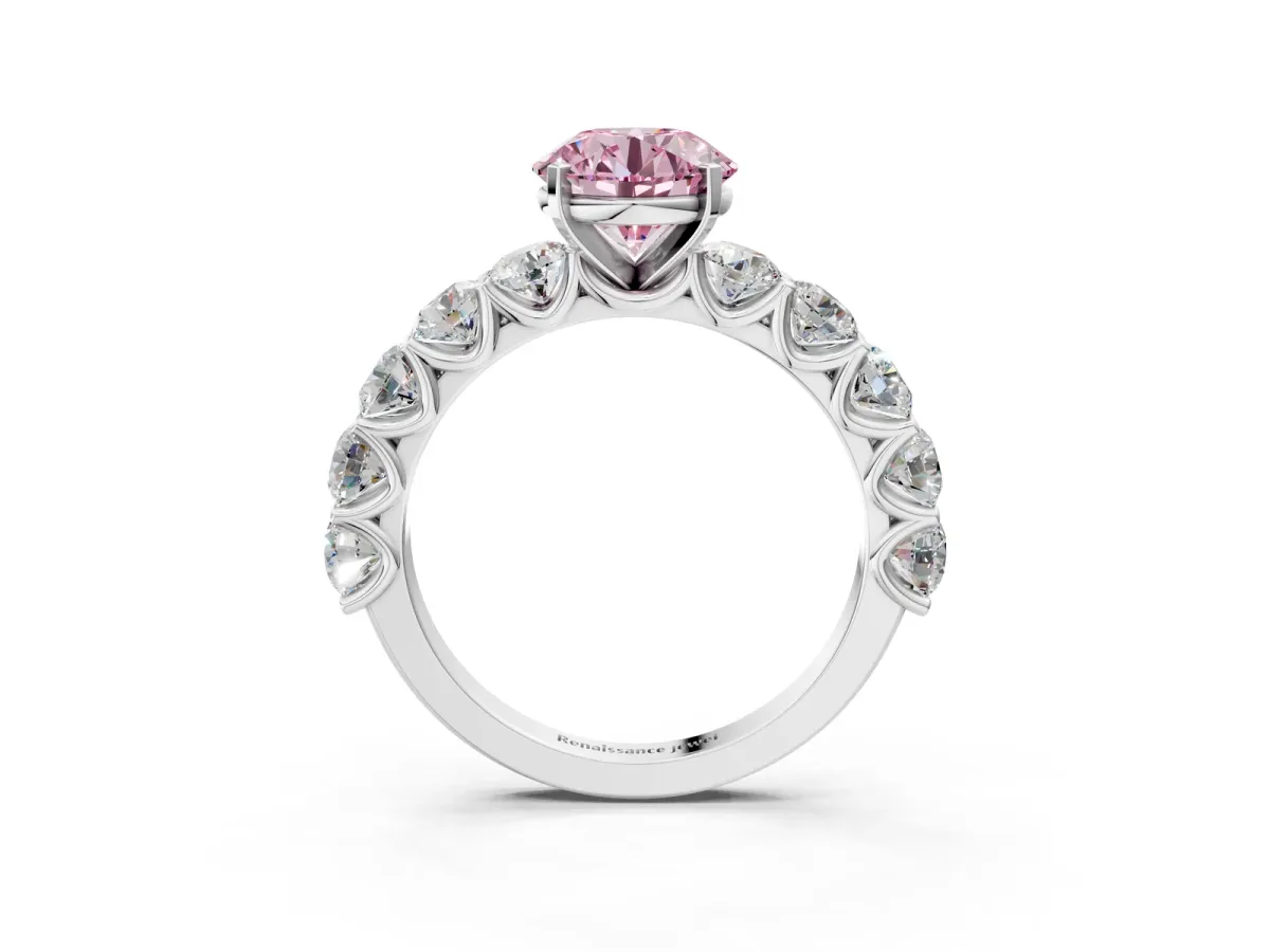 Fancy Pink Round Cut Diamond Prong Setting with Side Stones on a Pave Band White gold