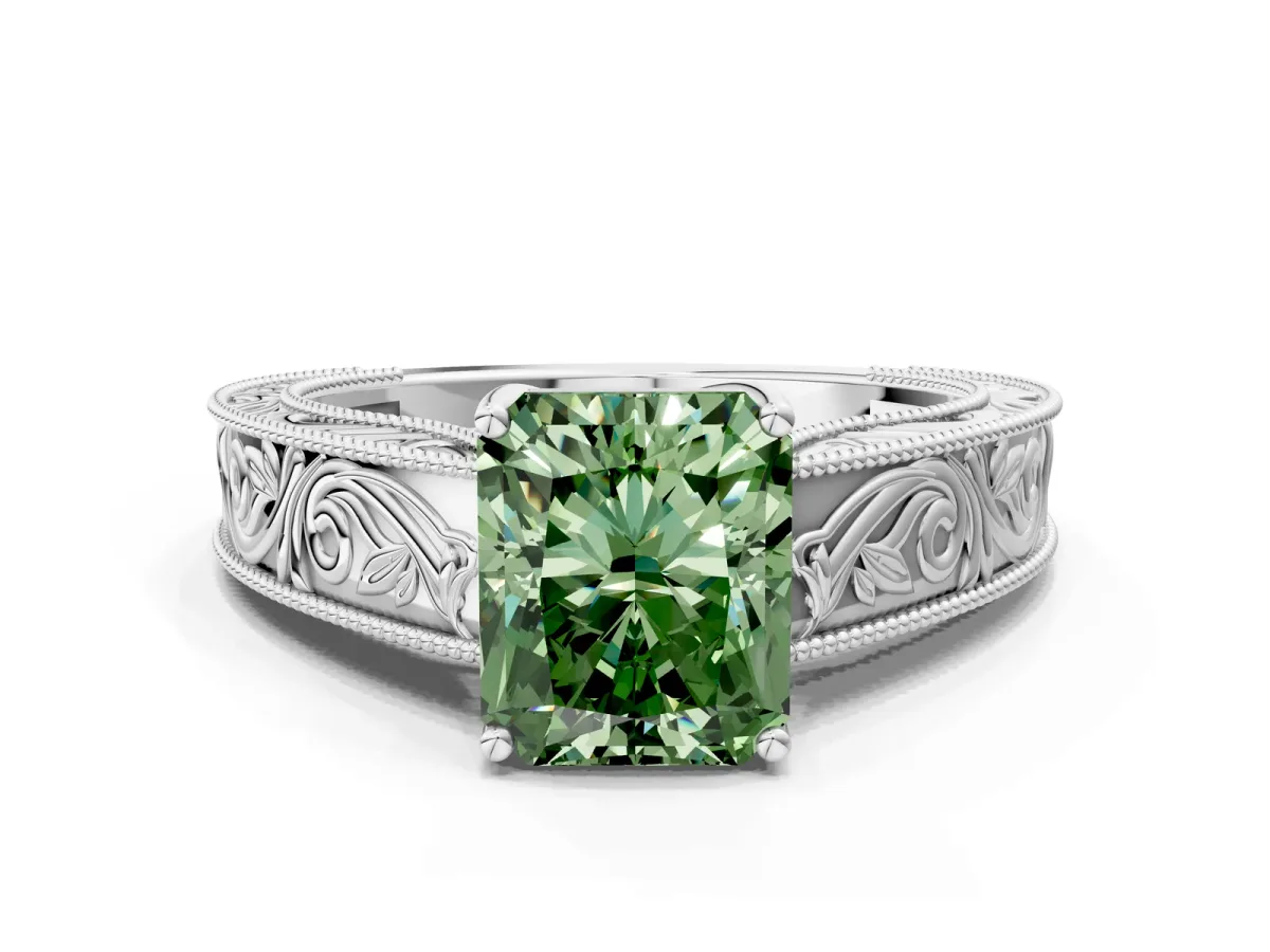 Fancy Green Radiant Cut Diamond Solitaire Ring with Engraved Band and Four-Prong Setting Platinum