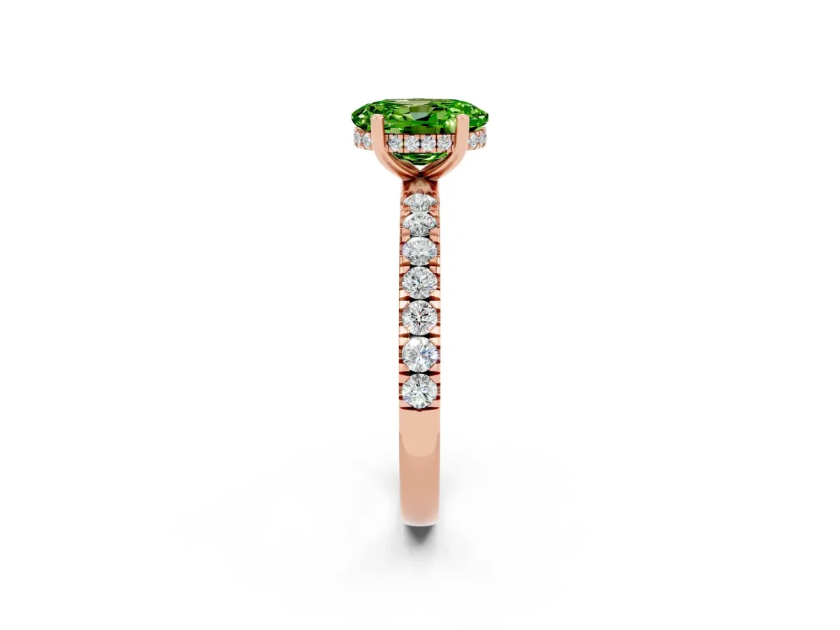 Oval Cut Peridot Pave Band Solitaire Ring with Round and Prong Setting Rose gold