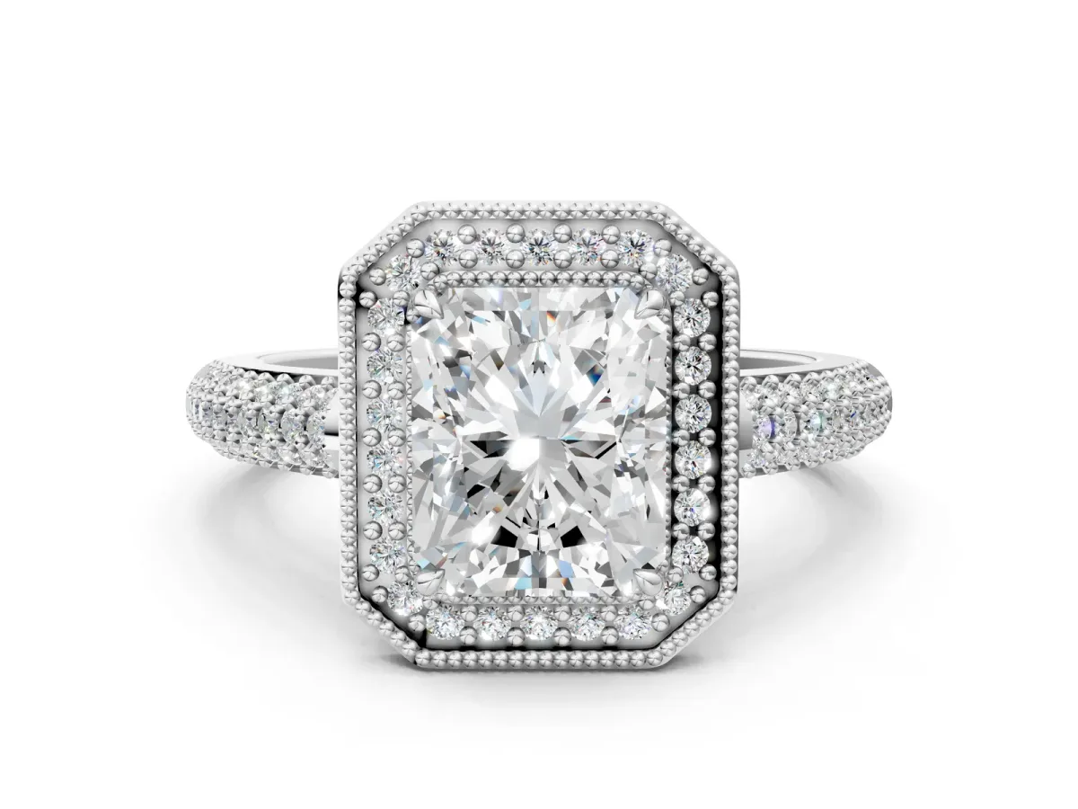 Radiant Cut Cut Halo Diamond Pave Band with Four-Prong Setting Platinum