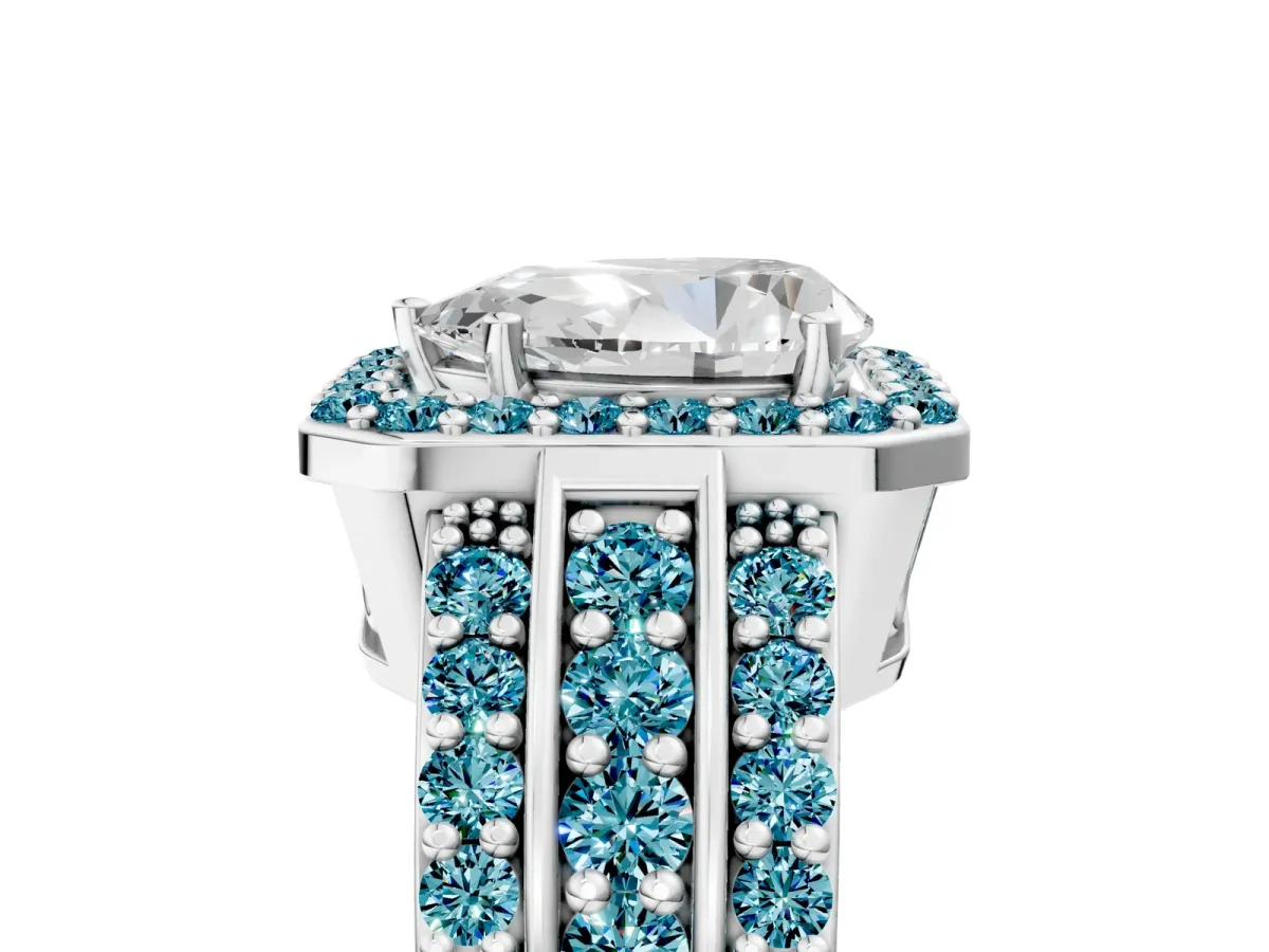 Pear Cut Halo Diamond Ring with Round Blue Topaz Split Shank and Prong Setting Platinum