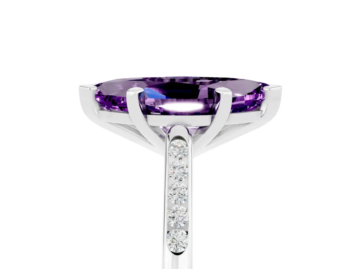 Marquise Cut Amethyst Solitaire Ring with Channel Set Round Band and Prong Setting Silver