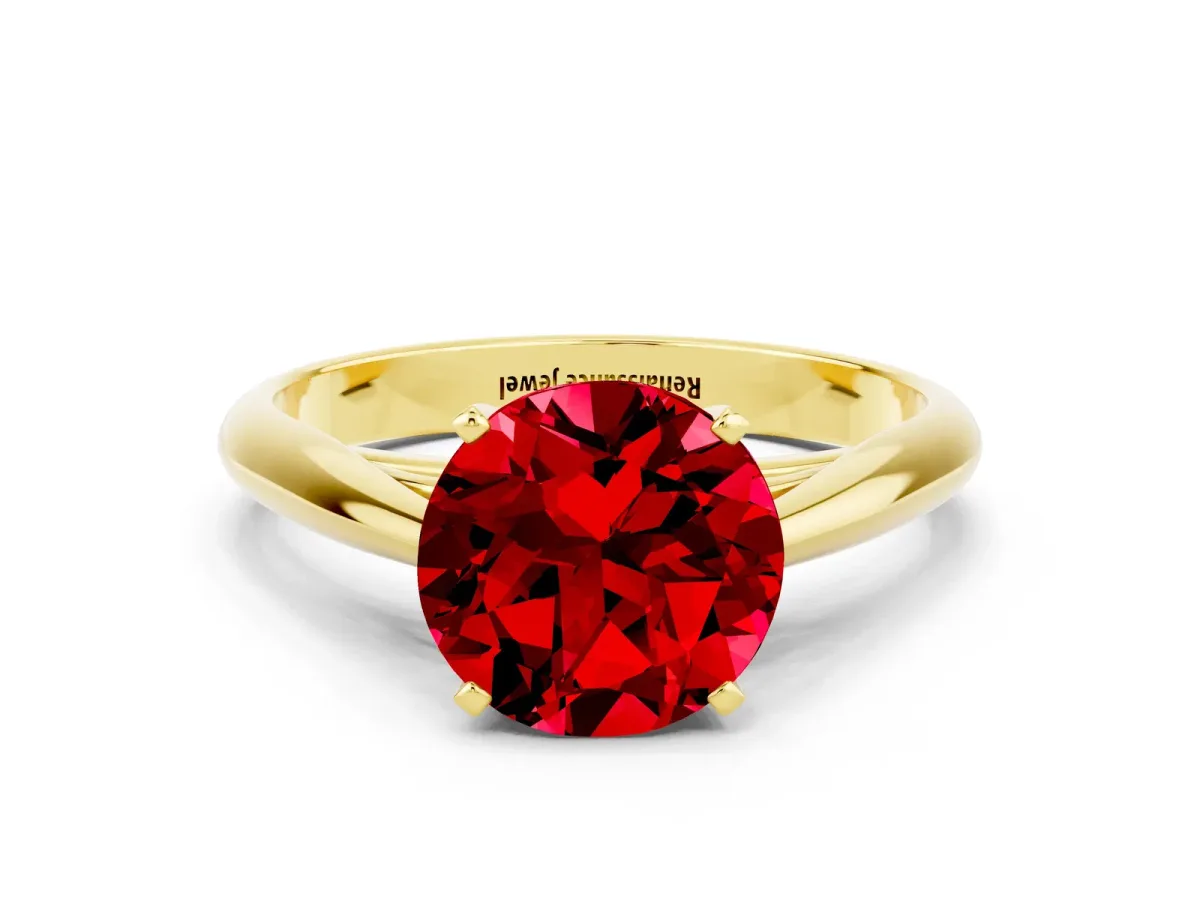 Round Cut Ruby Solitaire Engagement Ring with Cathedral Setting and Four-Prong Mount Yellow gold