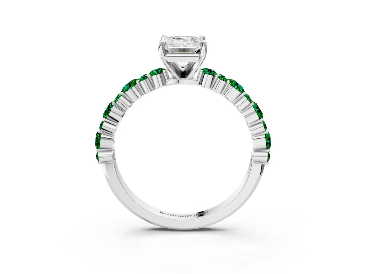 Emerald Cut Diamond Side Stone Solitaire Ring with Round Emerald and Four-Prong Setting White gold