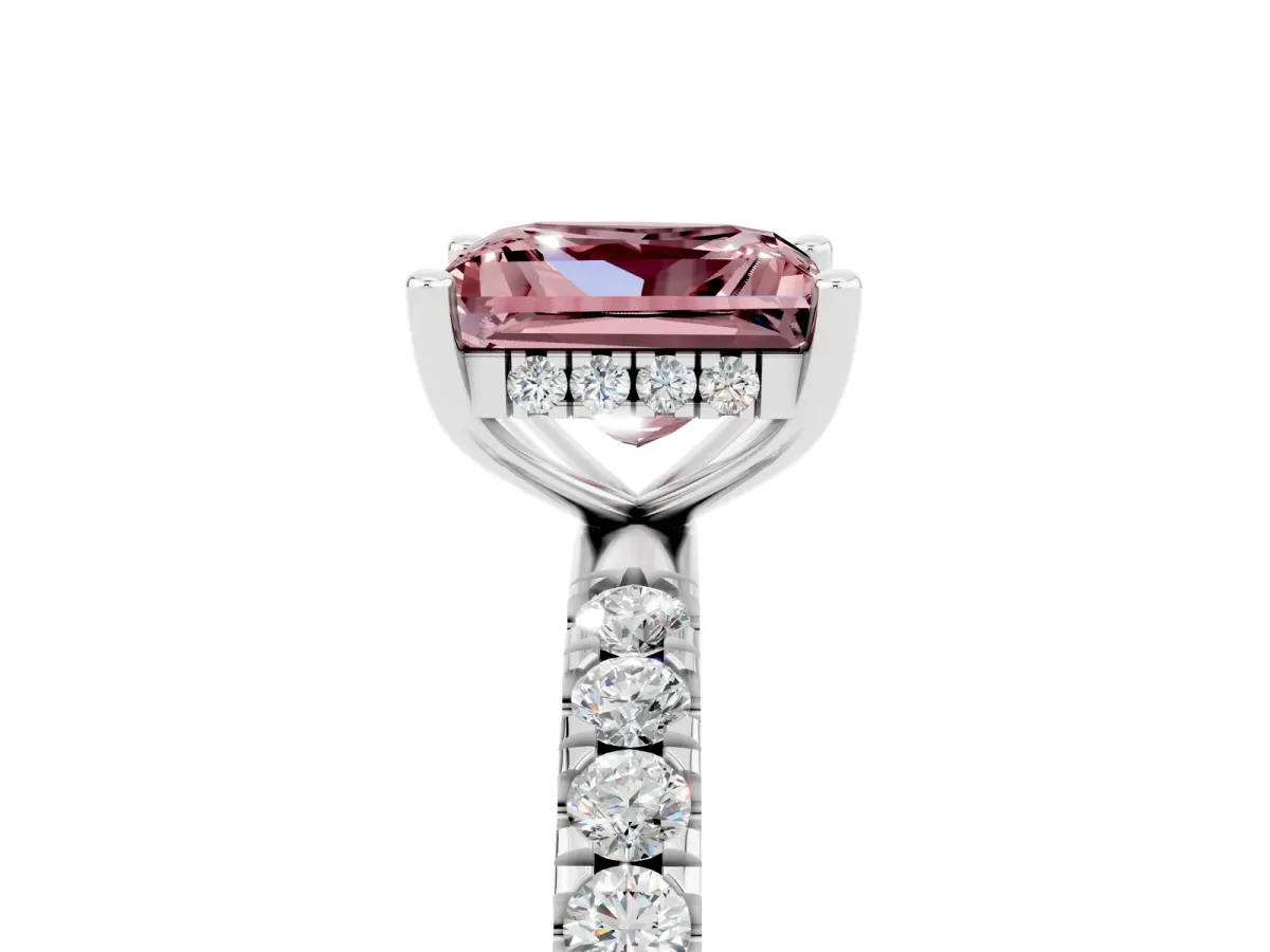Princess Cut Morganite Pave Band Solitaire Ring with Round and Prong Setting Platinum
