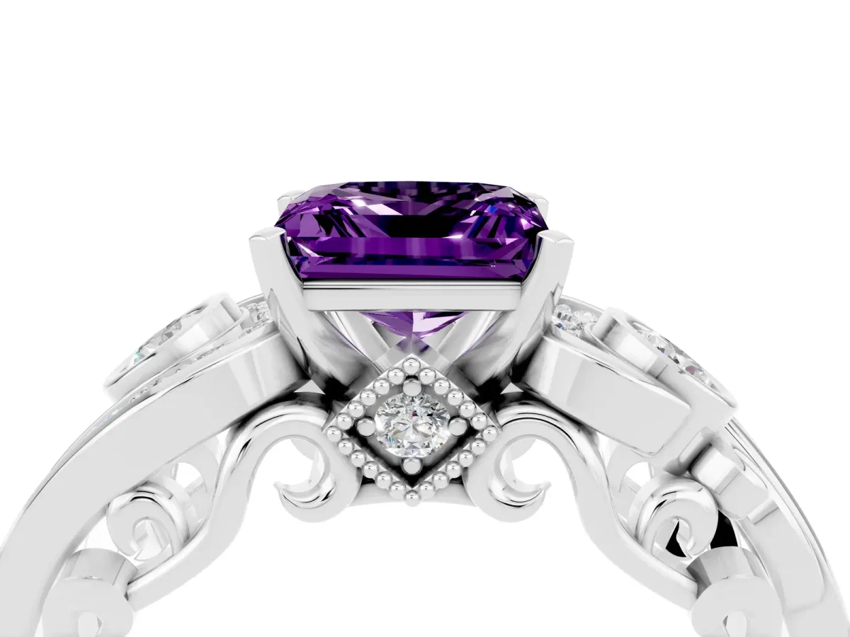 Princess Cut Amethyst Solitaire Ring with Milgrain Pavé Band and Four-Prong Setting Silver