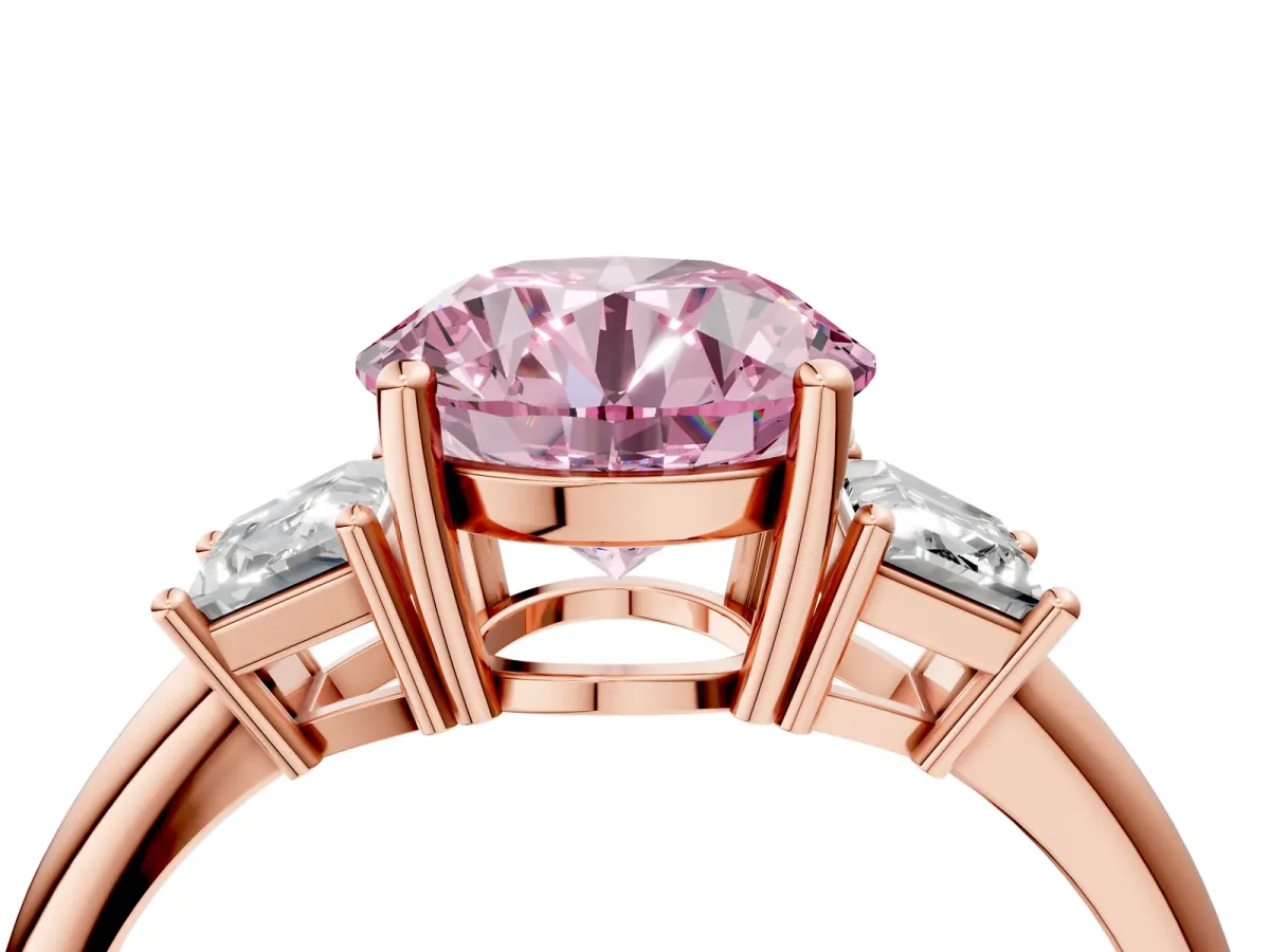 Fancy Pink Round Cut Diamond Three-Stone Ring with Trapezoid Side Stones and Prong Setting Rose gold