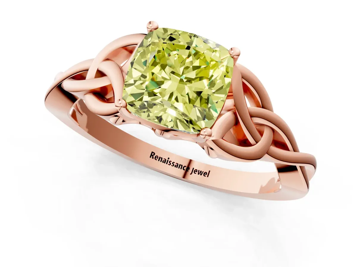 Fancy Yellow Cushion Cut Diamond Solitaire Celtic Knot Ring with Four-Prong Setting Rose gold