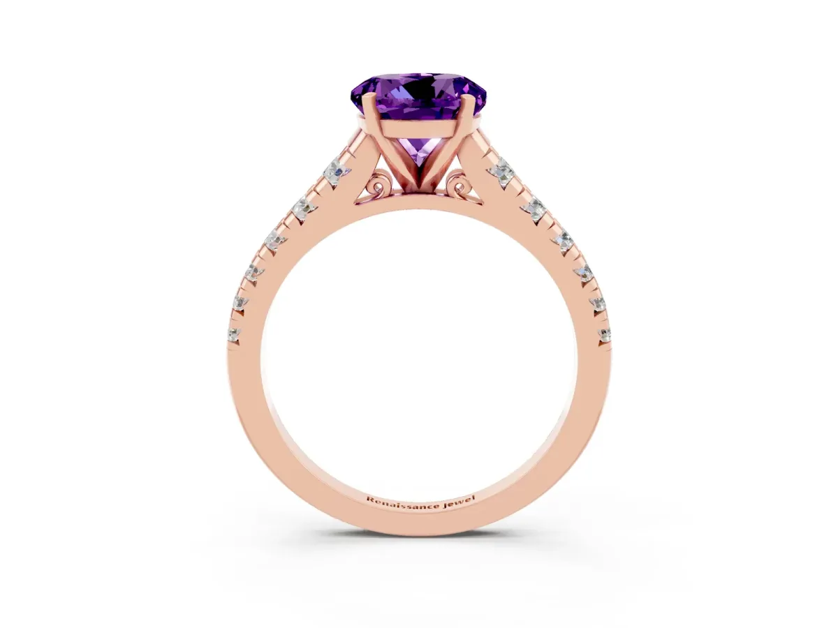 Round Cut Amethyst Cathedral Solitaire Ring with Round Pavé Band Rose gold