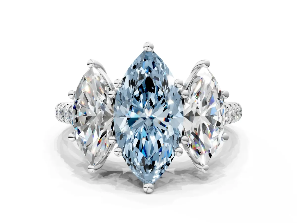 Fancy Blue Three-Stone Marquise Cut Diamond Ring with Round Pavé Band and Prong Setting Silver