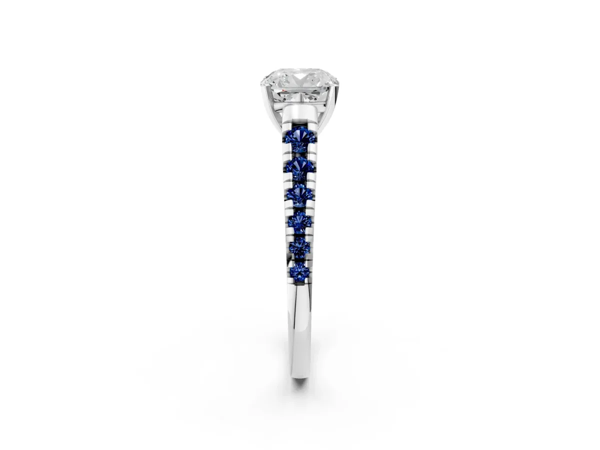 Cushion Cut Diamond Cathedral Solitaire Ring with Round Blue Sapphire Pavé Band Silver
