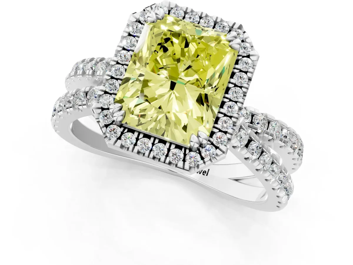 Fancy Yellow Radiant Cut Halo Split Shank Diamond Ring with Pavé Setting Platinum